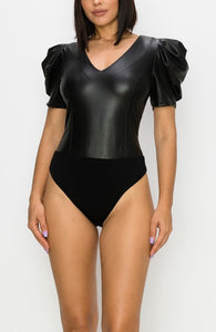Faux Leather Puff Sleeve Body Suit (Black)