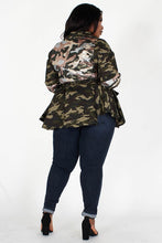 Load image into Gallery viewer, Curvy (Plus) Camouflage/Sequins Flared Jacket w/Belt
