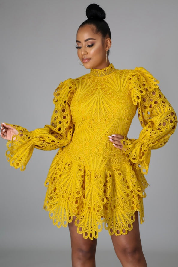 Parisian Crochet Lace Dress (Mustard)