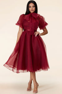 Burgundy Vintage Style Dotted Midi Dress with Bow