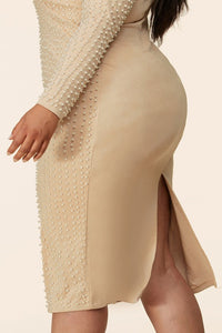 Curvy (Plus) Natural Pearl Paradise Embellished Long Sleeve Bodycon Dress