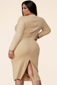 Curvy (Plus) Natural Pearl Paradise Embellished Long Sleeve Bodycon Dress